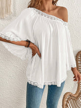 Guipure Lace Trim Asymmetrical Neck Trumpet Sleeve Blouse